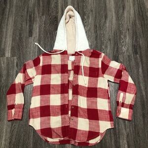 AMERICAN EAGLE Sherpa Lined Hooded Flannel Shacket Red Plaid XS